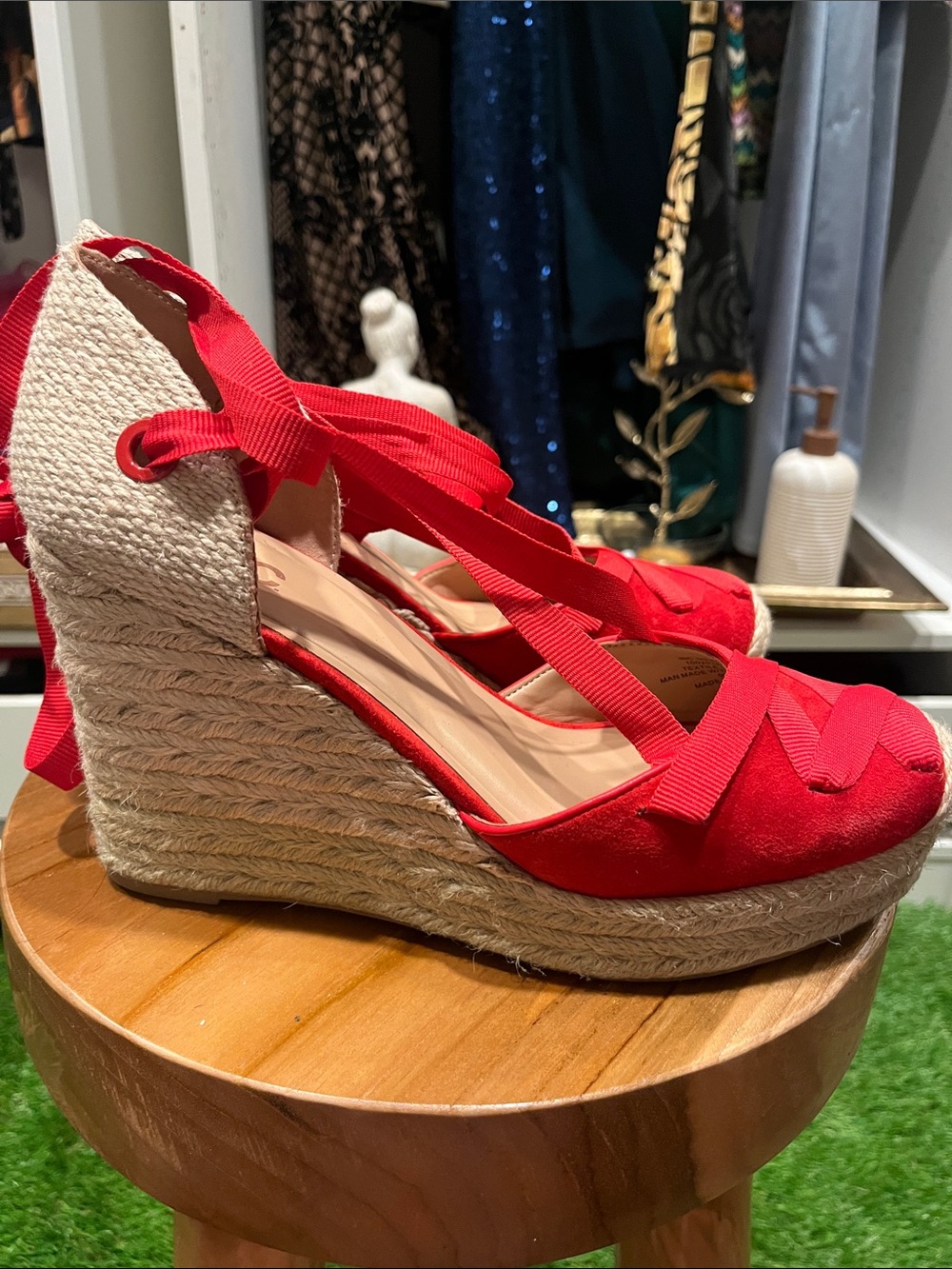 Red Espadrille Wedge Lace-Up Sandals